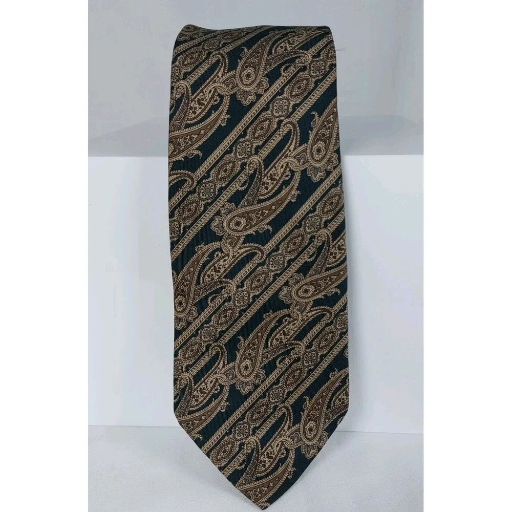 Vintage Oscar De La Renta Couture Necktie Green‎ Tan Paisley Silk Tie 3.5